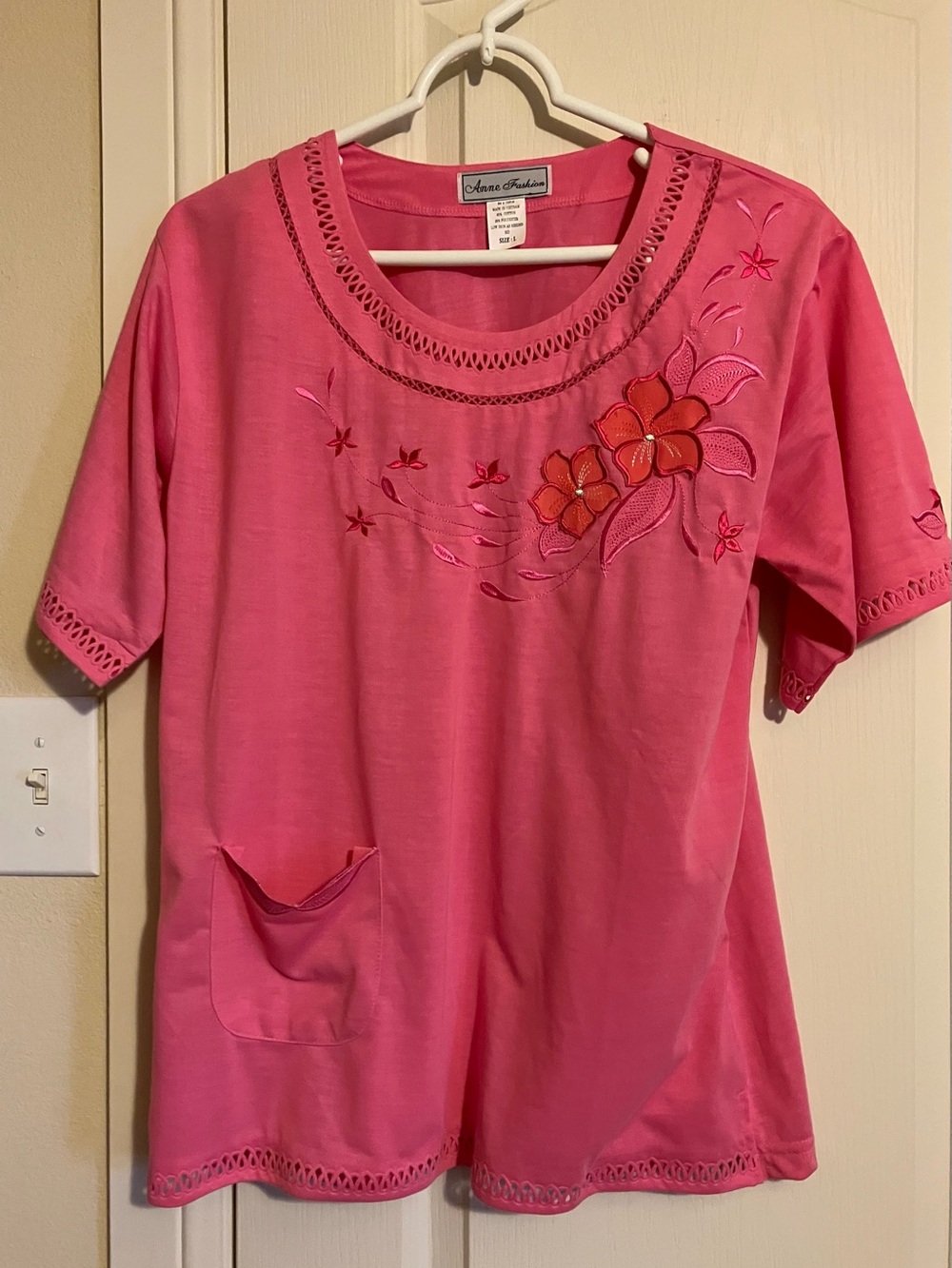 Pink Embroidered Floral Short-Sleeve Tunic